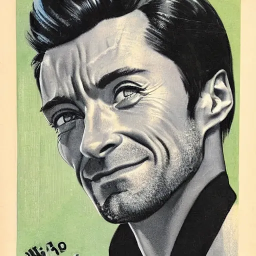 Image similar to Hugh Jackman portrait, vintage magazine illustration 1950