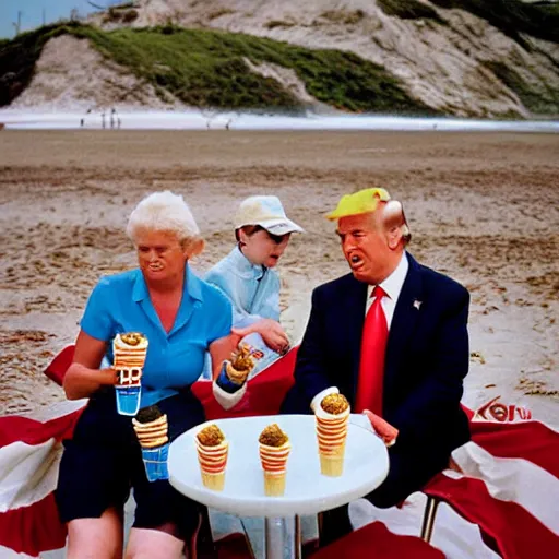 Image similar to Donald trump is having ice cream at the beach by martin parr. Color photography.