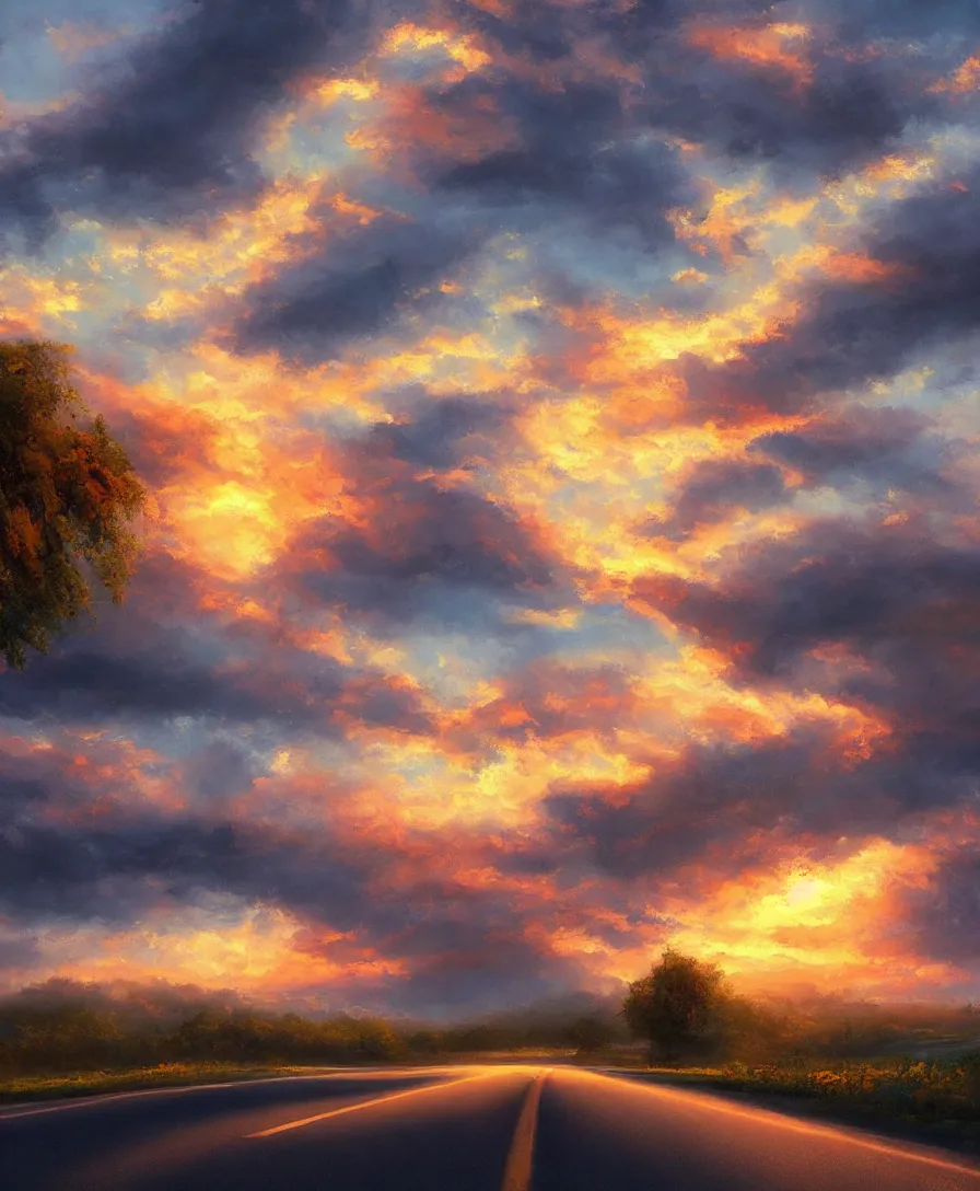 Image similar to Road sunset oil painting beautiful artstation realistic 4k 8k clouds breathtaking concept art matte painting