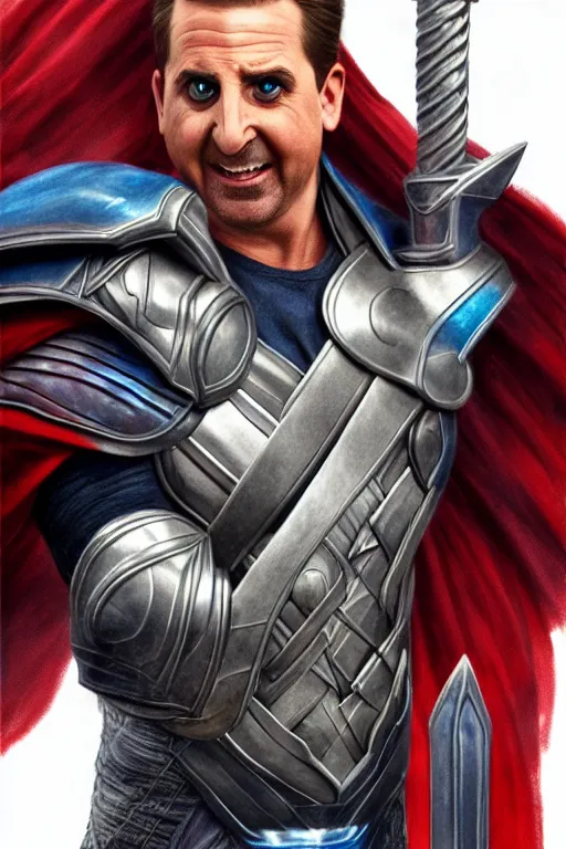 Prompt: Michael Scott as Thor, Thor costume, Michael Scott hairstyle, Thor body type, Michael Scott Face, calm, grumpy, portrait, masculine figure, highly detailed, digital painting, artstation, concept art, smooth, sharp focus, illustration, cinematic lighting, art by artgerm and greg rutkowski and alphonse mucha