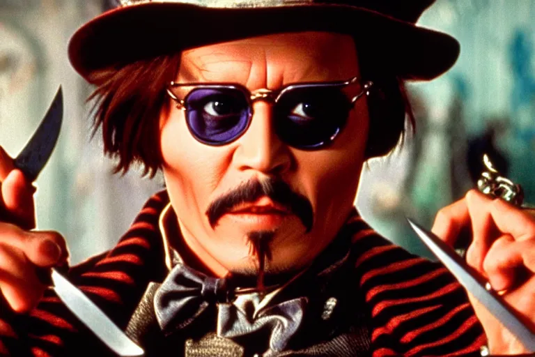 Prompt: cinematic still of deranged johnny depp showing off his knife collection in willy wonka & the chocolate factory film directed by tim burton, movie still, long lens, shallow depth of field, bokeh, anamorphic lens flare