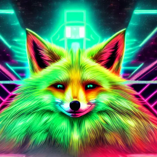 Prompt: digital green fox, retrowave palette, digital world, highly detailed, electric breeze, anatomically correct vulpine, synth feel, fluffy face, ear floof, flowing fur, super realism, accurate animal imagery, 4 k digital art