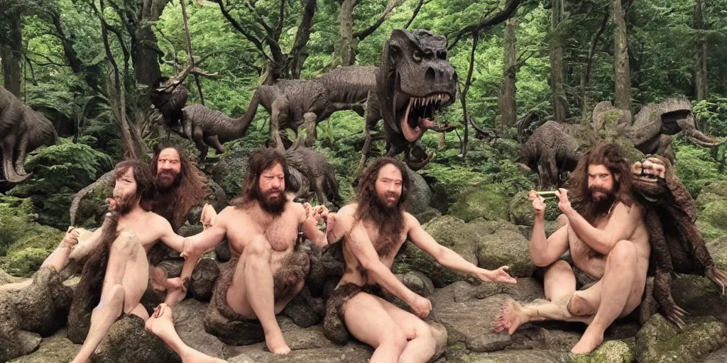 Prompt: photo, three hairy neanderthal people, sumo japanese, emma!! watson!! sitting among them, eating outside, surrounded by dinosaurs!, gigantic forest trees, sitting on rocks, bright moon, birthday cake on the ground, front view