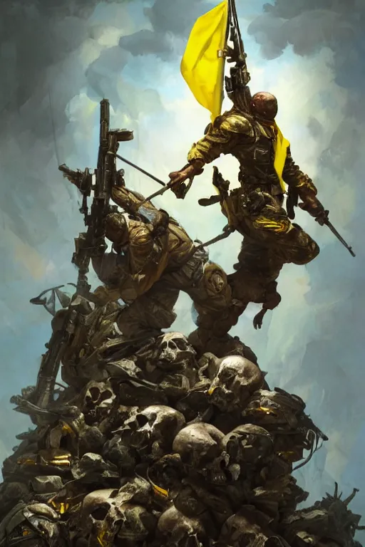 Image similar to special forces soldier with ukrainian blue yellow flag standing on a pile of skulls as a winner, masculine figure, d & d, fantasy, bright atmosphere, volumetric lights, intricate, elegant, extremely detailed, digital painting, artstation, concept art, matte, smooth, sharp focus, hyper realistic, illustration, art by artgerm and greg rutkowski and alphonse mucha