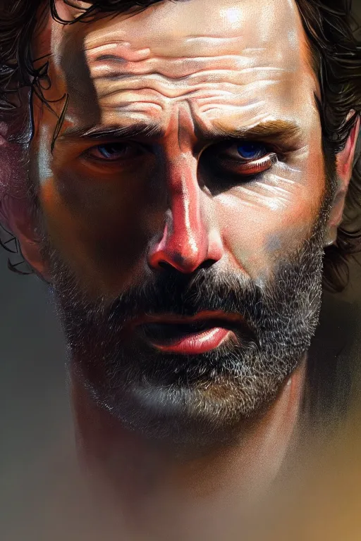 Prompt: , ultra detailed close up facial portrait of rick grimes, extremely detailed digital painting, in the style of fenghua zhong and ruan jia and jeremy lipking and peter mohrbacher, mystical colors, rim light, beautiful lighting, 8 k, stunning scene, raytracing, octane, trending on artstation