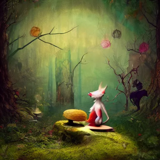 Image similar to multicolor drawing of cute creature sits in the dark forest by ray caesar created at modern world in 4 k ultra high resolution, with inspiring feeling