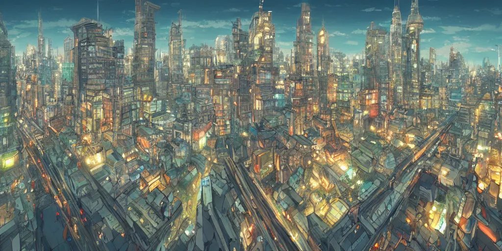 Image similar to the city that never sleeps, mythology, fairy tale, urban landscape, evening, highly detailed, low angle view, studio ghibli, artstation