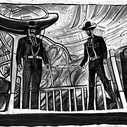 Image similar to hand drawn image of wyatt earp and doc holliday standing on the deck of a futuristic spacecraft with gears and unknown alien hydro technology, inspired by the movie interstellar, high detail, ultra realistic