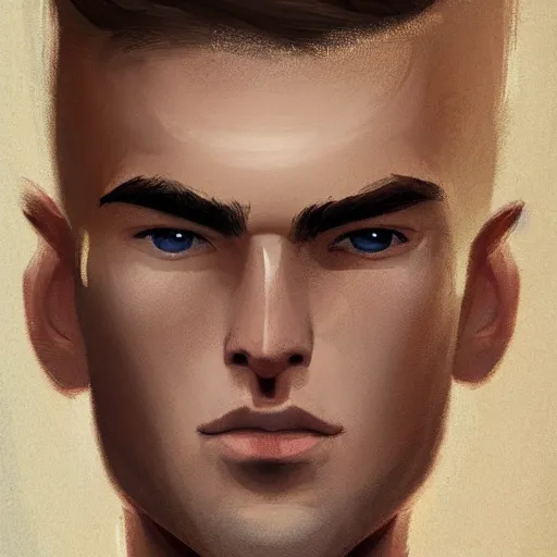 Image similar to man in his twenties with brown blond short quiff hair and thin slightly round facial structure with cleft chin, straight eyebrows, bumpy nose, good definition of cheekbones, Alert brown eyes, narrow face, slim body, atmospheric lighting, painted, intricate, 4k, highly detailed by Charlie Bowater