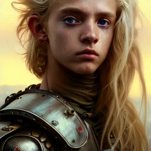 Image similar to portrait painting of a post - apocalyptic blonde teenager with matted long hair wearing light scrap armor with an old gun on his back, ultra realistic, concept art, intricate details, eerie, highly detailed, photorealistic, octane render, 8 k, unreal engine. art by artgerm and greg rutkowski and charlie bowater and magali villeneuve and alphonse mucha