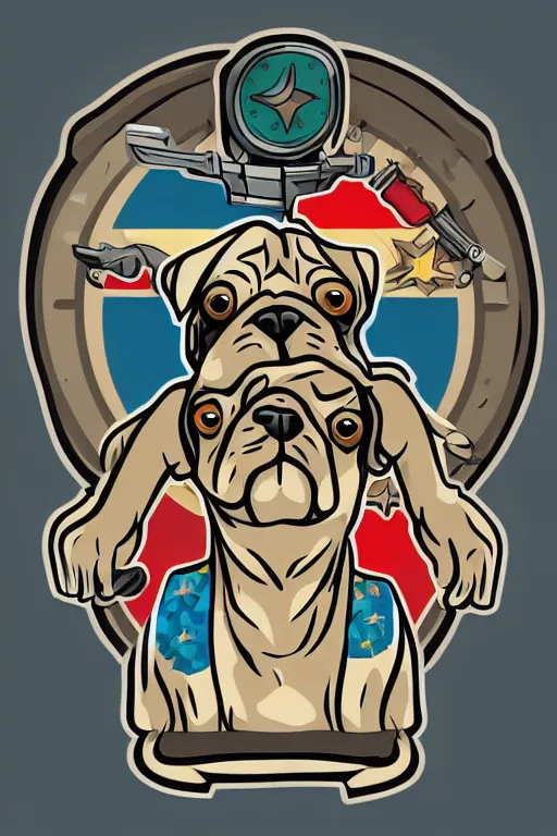 Prompt: Pug as war criminal, sticker, colorful, illustration, highly detailed, simple, smooth and clean vector curves, no jagged lines, vector art, smooth