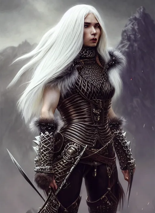 Image similar to fur leather armor!!! long wild white hair!! covered chest!!! fantasy, d & d, intricate ornate details, symmetry, concept art, sharp focus, illustration, art by artgerm! greg rutkowski magali villeneuve wlop! ilya kuvshinov!!, octane render, unreal engine 5, highly rendered!!