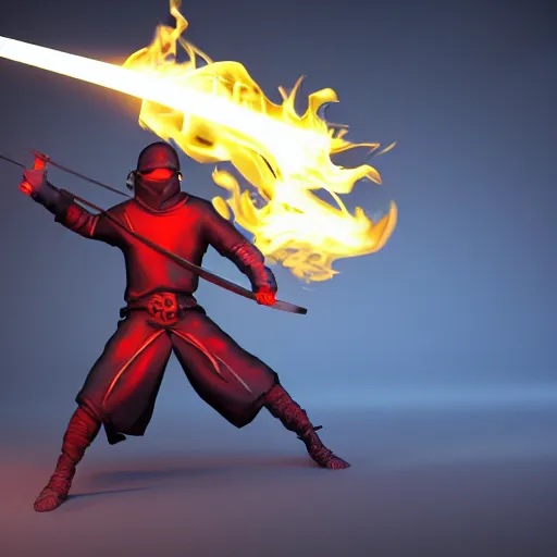 Image similar to a ninja with a sword in a fire background, 3 d render octane, trending on artstation