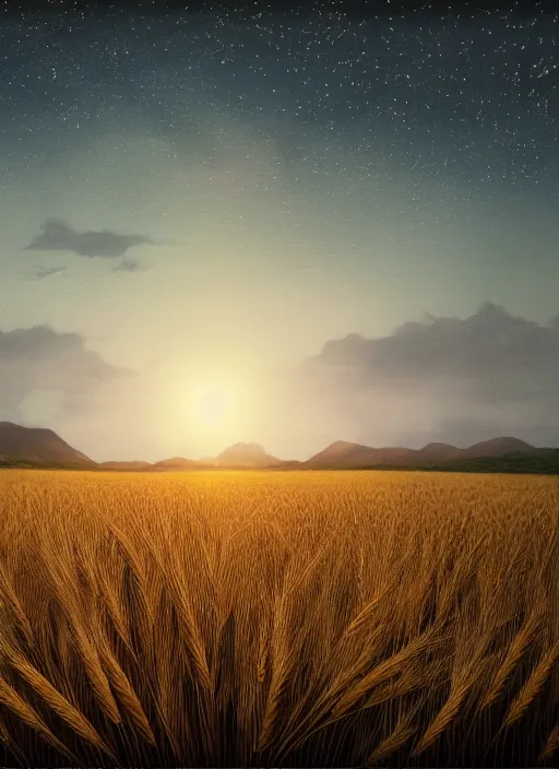 Prompt: breathtaking detailed art landscape a wheat field at sunset with planets on the horizon, by Hsiao-Ron Cheng, James jean, Miho Hirano, Hayao Miyazaki, extremely moody lighting, Black paper, cut paper texture, Full of light-blue and silver and white layers, 8K, intricate detail, cgsociety, hyperrealistic, octane render, RPG portrait, ambient light, dynamic lighting