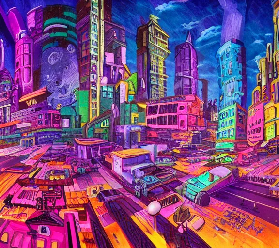 Image similar to surreal colorful nightmarish cityscape, 4k artwork by Ralph Bakshi