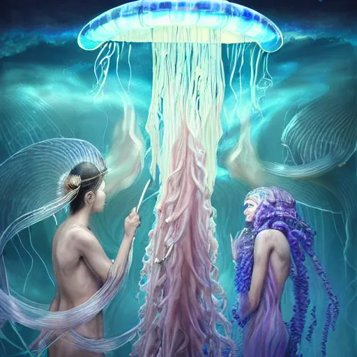 Prompt: A painting of priestesses worshipping at the jellyfish temple, shrouded in mist, jellyfish god, jellyfish priestess, jellyfish shrine maiden 8K, illustration, art by Artgerm and Justin Cheung and Gabriele Dell'Otto, smoke, undersea temple with fish, cinematic, insanely detailed and intricate, hypermaximalist, elegant, super detailed, award-winning, mauve and cinnabar and cyan, rainbow accents, mysterious, ancient, ritual, trending in cgsociety, artstation HQ, ornate, elite, haunting, matte painting, beautiful detailed, insanely intricate details, dreamy and ethereal, otherworldly