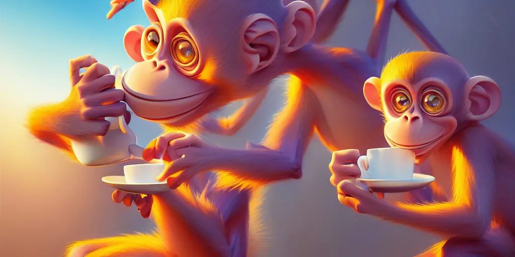 Image similar to hyper detailed ultra sharp of cartoon monkeys drinking coffee. behance hd by jesper ejsing, by rhads, makoto shinkai and lois van baarle, ilya kuvshinov, rossdraws radiating a glowing aura global illumination ray tracing hdr, 8 k