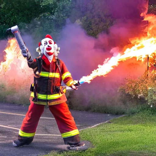 Image similar to photo of a clown using a flamethrower projecting a long bright flame towards a house fire