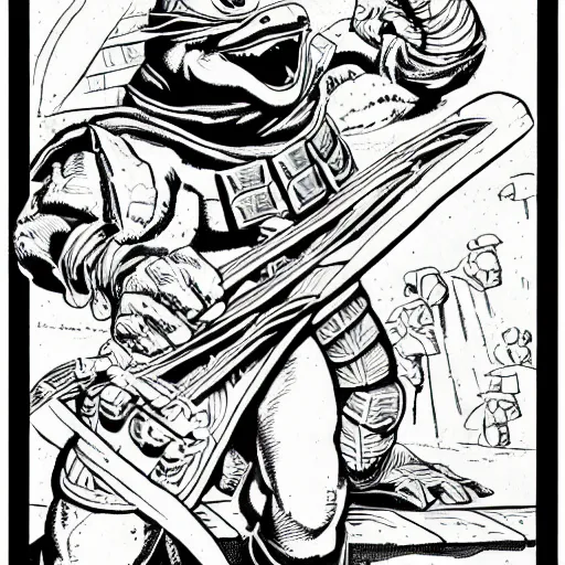 Image similar to Raphael the Ninja Turtle from the Dungeons and Dragons Monster Manual, line art illustration, 1981, high detail