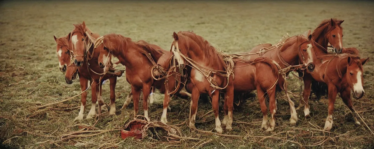 Prompt: horses eating spaghetti, battle of the somme, world war 1, canon 5 0 mm, kodachrome, in the style of wes anderson, retro