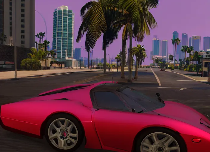 Prompt: still next - gen ps 5 game grand theft auto 6 2 0 2 4 remaster, graphics mods, rain, red sunset, people, rtx reflections, gta vi, miami, palms and miami buildings, photorealistic screenshot, unreal engine, 4 k, 5 0 mm bokeh, close - up concept sport car!, gta vice city remastered, artstation