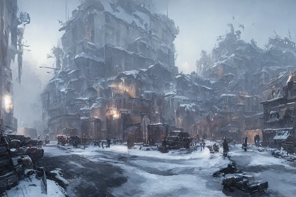 Prompt: highly detailed painting of dieselpunk kreta, winter, snow, dystopia, by greg rutkowski, by raphael lacoste, 4 k resolution, trending on artstation