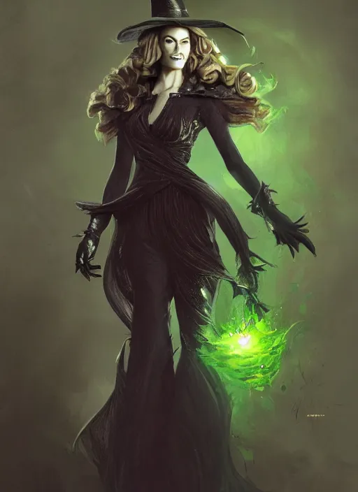 Image similar to beautiful female wicked witch, rebecca romijn as the wicked witch of the west, full body character concept, armor, super powers, fantasy, intricate, elegant, highly detailed, digital painting, artstation, concept art, shining, sharp focus, illustration, art by stanley lau