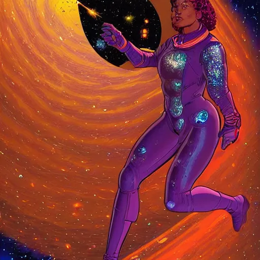 Image similar to space captain woman, with cosmic nebula background, by jean giraud, golden ratio, environment, hyper detail, concept artbook