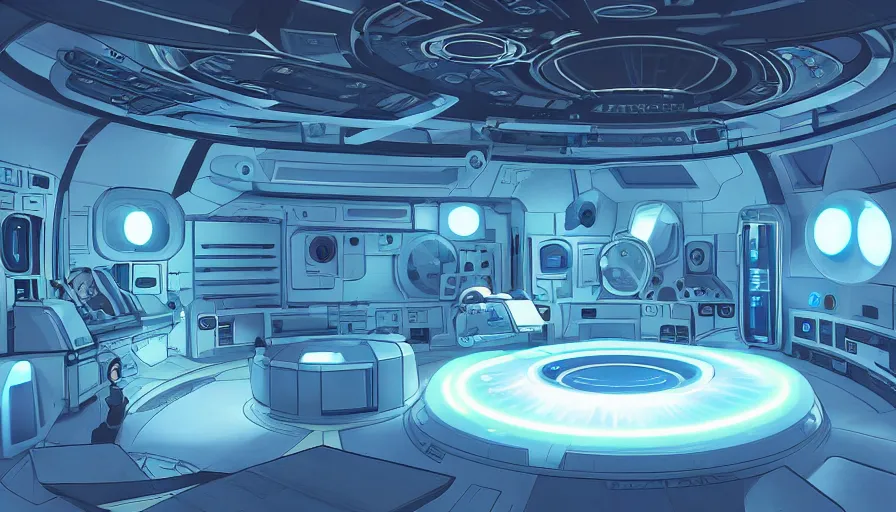 Image similar to a space ship circular medic room with bright holodesk in the center showing a blue hologram of a solar system, cryogenic pods, dark people discussing, contrasted light, clair obscur, illustration, clean lines, star wars vibe, by sead mead, by feng zhu!!! by moebius, vivid colors, spectacular cinematic scene