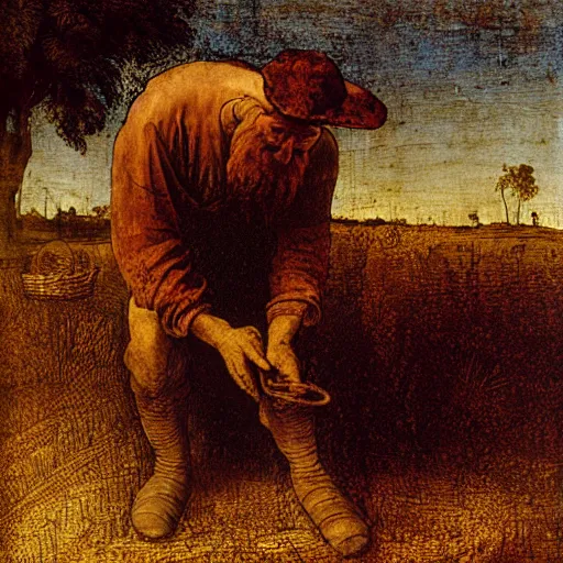 Prompt: Farmer tilling his field by Leonardo Da Vinci,