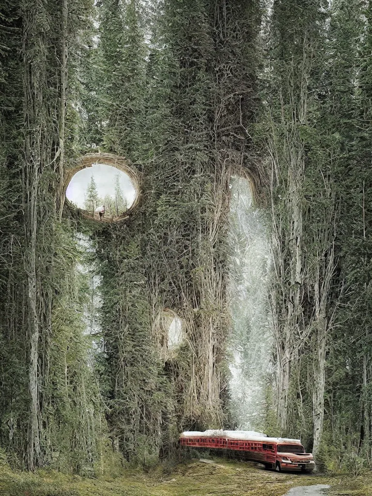 Image similar to a white school bus in the forest driving through a portal, hyper-detailed, digital art, artist Bev Dolittle