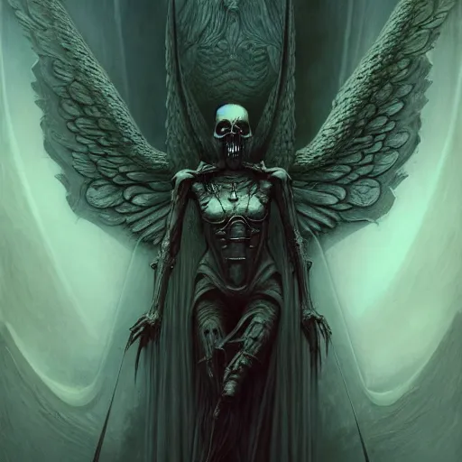 Image similar to a portrait of the angel of death, sci-fi concept art by giger and beksinski and szukalski and wlop and pete mohrbacher, digital art, highly detailed, intricate, horror, sharp focus, Trending on Artstation HQ, deviantart, unreal engine 5, 4K UHD image