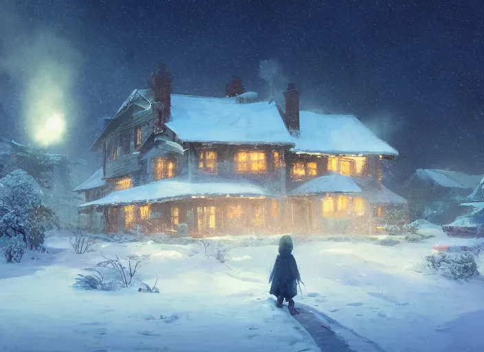 Image similar to snow - covered house, smoke from the stove, night, stars in the sky, winter landscape, painting by craig mullins, octane rendering, wide angle lens, in the style of hayao miyazaki, trending on artstation,