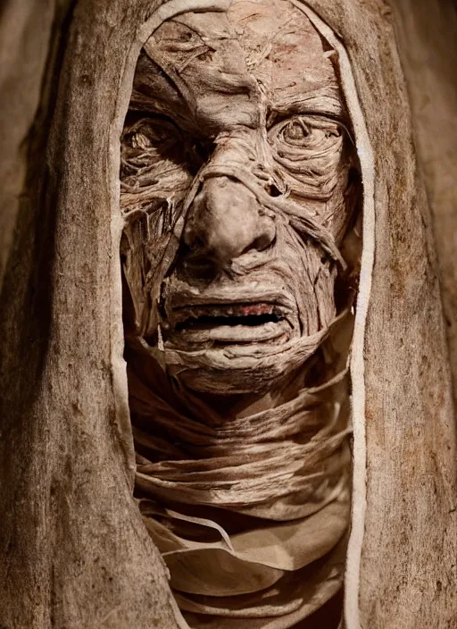 Image similar to mummified pope in his throne at the vatican, desiccated, close - up portrait, mitre, hyper realistic, sharp focus, highly detailed