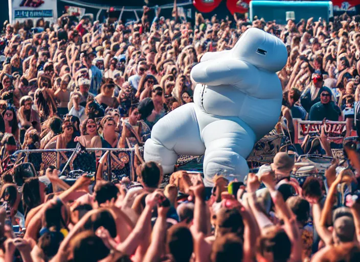 Image similar to photo still of the michelin man on stage at vans warped tour!!!!!!!! at age 3 8 years old 3 8 years of age!!!!!!! stage diving into the crowd, 8 k, 8 5 mm f 1. 8, studio lighting, rim light, right side key light