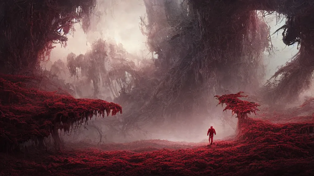 Image similar to dramatic Photorealistic dramatic Landscape Matte painting,Looking through deep inside an Alien planets dense red forest,a lone astronaut in a white spacesuit with lights is exploring outside a gigantic crashed derelict spaceship,hundreds of tall gigantic monster carnivorous Red Venus Flytrap plants and glowing bulbs,translucent wet and slimy plant life by Greg Rutkowski,Craig Mullins,Fenghua Zhong,a misty haze,Beautiful dramatic moody nighttime lighting,Cinematic Atmosphere, Volumetric Lighting,Terragen,Octane Render,8k