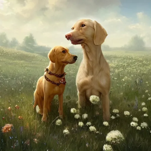 Image similar to blond chiweenie and blond goldendoodle, field of flowers, oil painting, Tooth Wu, Greg Rutkowski, RPG portrait, dynamic lighting, fantasy art, High contrast, depth of field