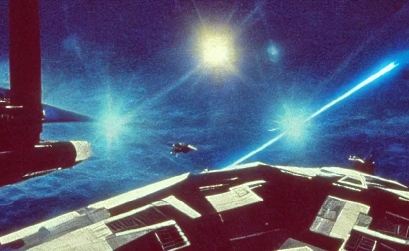 Image similar to iconic cinematic screenshot of an x wing above the ocean, scene from the 1 9 7 0 s star wars sci fi film by stanley kubrick, glowing lasers, kodak film stock, anamorphic lenses 2 4 mm, lens flare, iconic cinematography, award winning