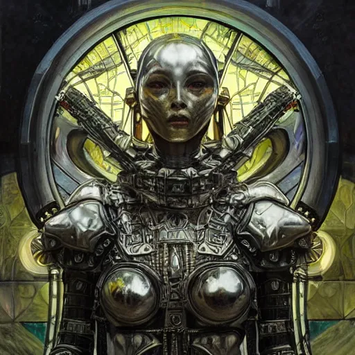 Image similar to brutal solarpunk macedonian cyber warrior portrait praying altar of sacrifice by giger vasnetsov rutkowski mucha hyperrealism very detailed masterpiece shadows symmetrical expressive eyes well proportioned balanced high resolution artgerm cinematic epic dramatic slow ivory poetic