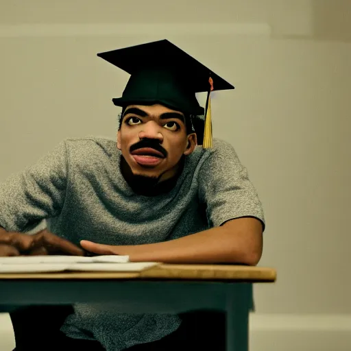 Image similar to a cinematic film still of a claymation stop motion film starring chance the rapper as a college student, shallow depth of field, 8 0 mm, f 1. 8