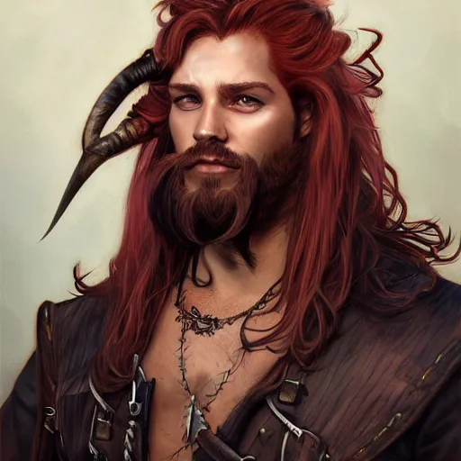 Image similar to portrait of a boar - man hybrid pirate, male, handsome, masculine, full body, red hair, long hair, soft hair, fantasy, intricate, elegant, highly detailed, steampunk, airship, digital painting, artstation, concept art, character art, smooth, sharp focus, illustration, art by artgerm and greg rutkowski and alphonse mucha