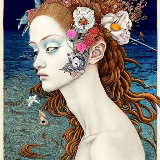 Prompt: prompt: beautiful girl in lake with light up face painted in Botticelli style drawn by Vania Zouravliov and Takato Yamamoto, nymph in the water, small flowers around and on the side, intricate oil painting, high detail, Neo-expressionism, post-modern gouache marks on the side, gnarly details soft light, white background, intricate detail, intricate ink painting detail, sharp high detail, manga and anime 2000