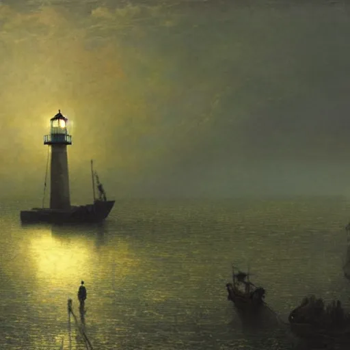 Prompt: a pirate ship stranded on a beach with a lighthouse in the background, misty, foggy, volumetric light, dramatic, matte painting, by john atkinson grimshaw, artstation