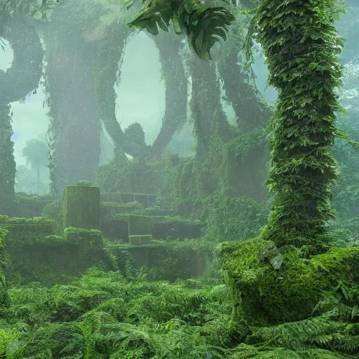 Prompt: a lost city in the jungle with vines and moss covering the ruins mysterious enigmatic unreal engine 4 k by iain mccaig and jan toorop