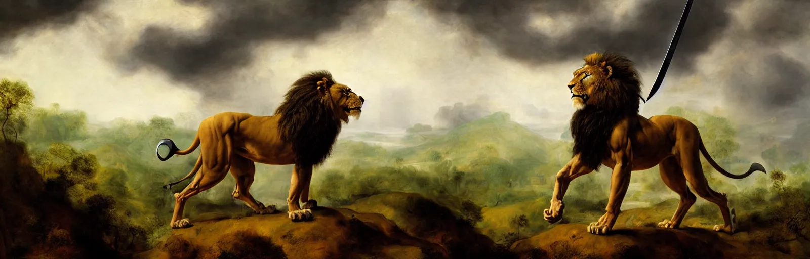 Prompt: muscular lion as barbarian hunter with sword , very textured detailed oil painting panoramic 4k hires detailed portrait by rembrandt, dramatic clouds, thunder in the foggy jungle ,sun rays through trees