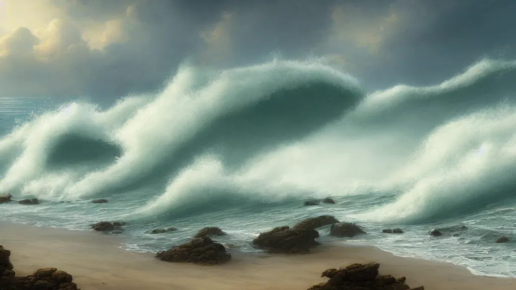 Image similar to first person view of breaking waves on the shore, summer, delicate fog, sea breeze rises in the air, by andreas rocha and john howe, and Martin Johnson Heade, featured on artstation, featured on behance, golden ratio, ultrawide angle, f32, well composed