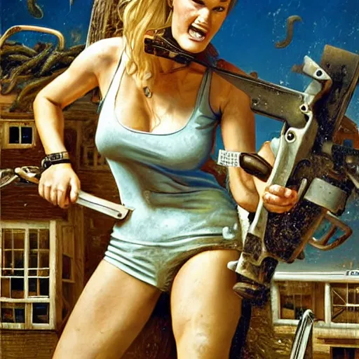 Image similar to bar refaeli with an unhinged expression, holding a chainsaw, by normal rockwell and michael cheval