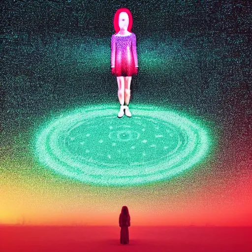 Image similar to a woman standing on steps in a field at night, a hologram by kusama, instagram, optical illusion, full body, ultra hd, neon