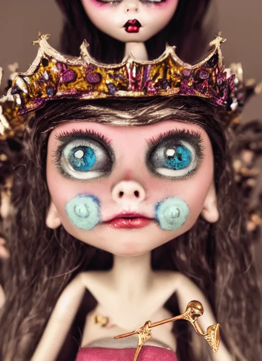 Image similar to closeup face profile portrait of a tin toy fairytale goth princess wearing a crown eating cakes, bikini, depth of field, zeiss lens, detailed, symmetrical, centered, fashion photoshoot, by nicoletta ceccoli, mark ryden, lostfish, breathtaking, 8 k resolution, extremely detailed, beautiful, establishing shot, artistic, hyperrealistic, octane render