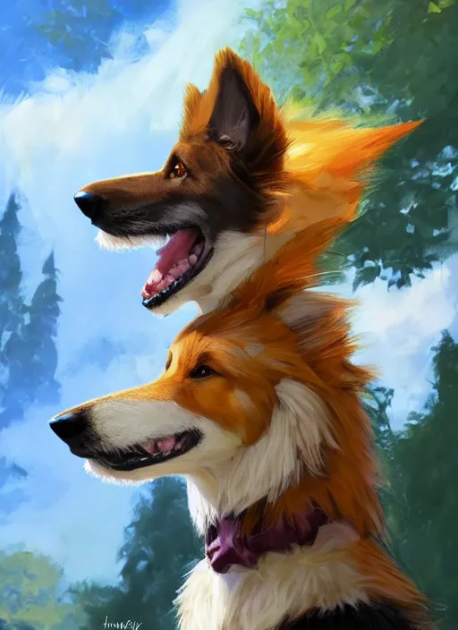 Image similar to portrait of a cute anthro male anthropomorphic border collie fursona wearing a suit in a sunny glade. by henry asencio, jon foster, and ross tran. scenic background, highly detailed, concept art, furry, glamor pose, elegant, aesthetic, beautiful, trending on artstation, top rated on furaffinity and deviantart